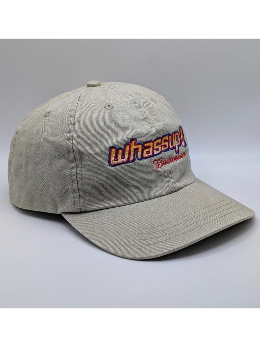 Budweiser Whassup! Vintage Hat Strap Back Baseball Beer Cap Promo Beige Tan 90s